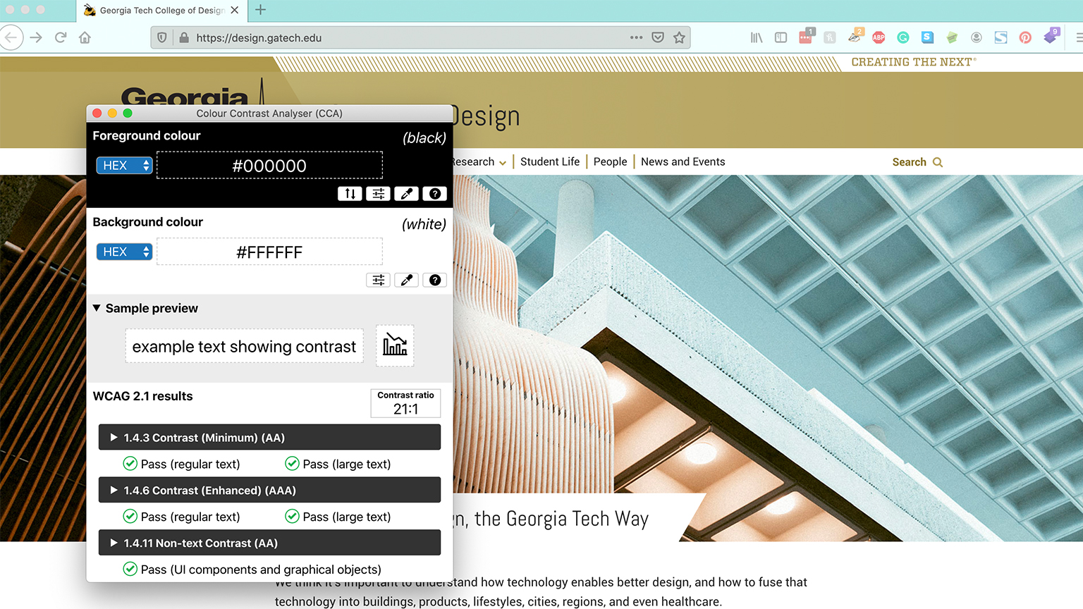 A screenshot showing the College of Design homepage and a color contrast analyzer application.