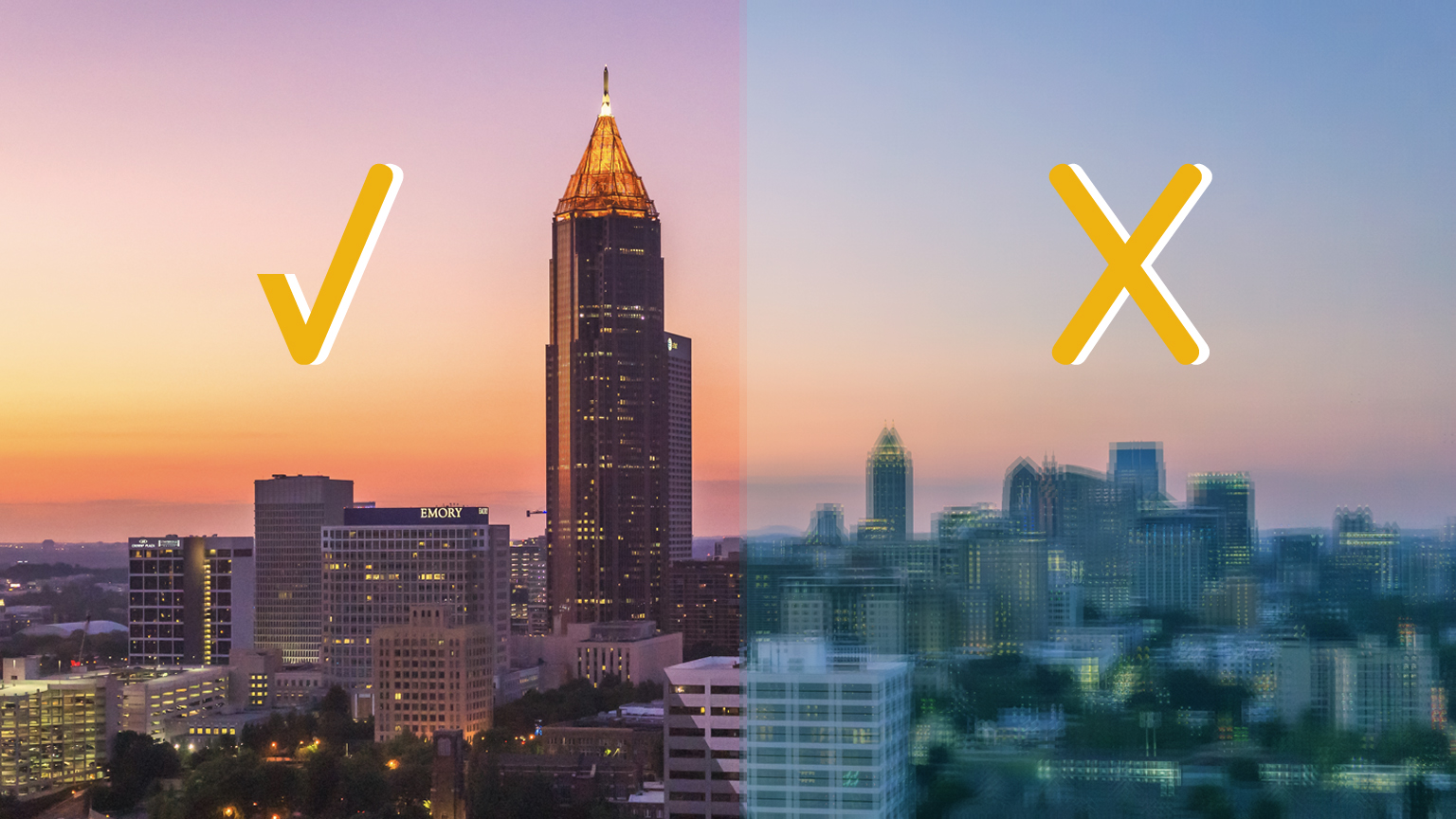 The Atlanta skyline shown in full resolution and pixelated, with an X and a check mark over the two images.