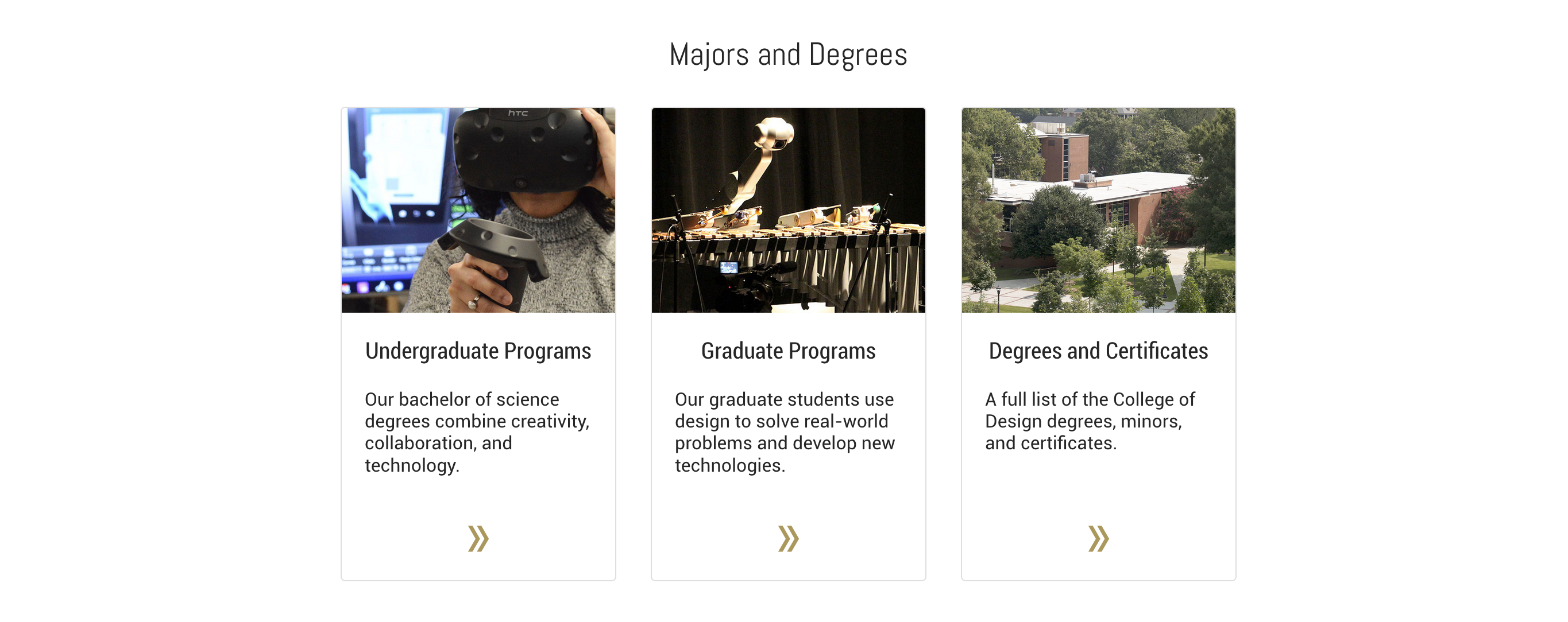 A screenshot of 3 cards from the College of Design website. 